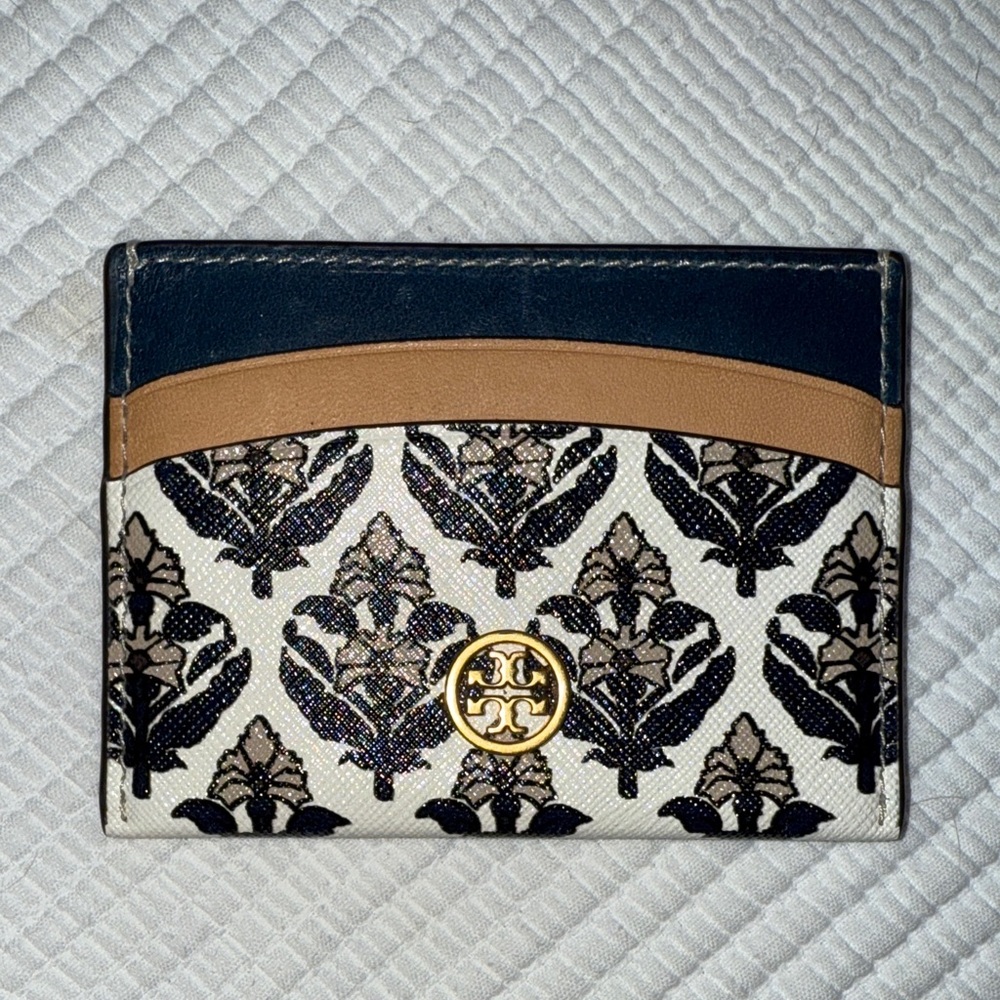 Tory Burch Navy and Tan Floral Card Holder